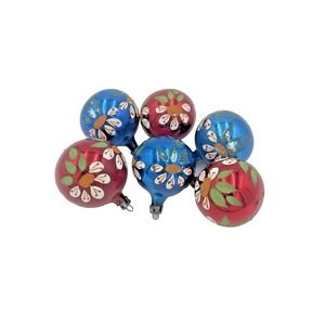 Vtg Set of 6 Polish Hand Blown & Painted Glass Ornaments 2" D Red Blue Flowers